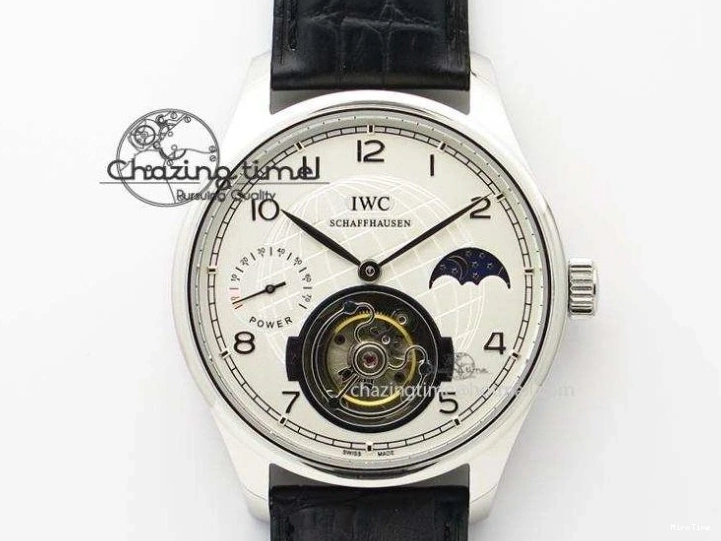 MIROTIME 0309 UrbanStyle Portuguese Tourbillon Power Reserve Moonphase SS White Dial On Black Leather Strap 7318
